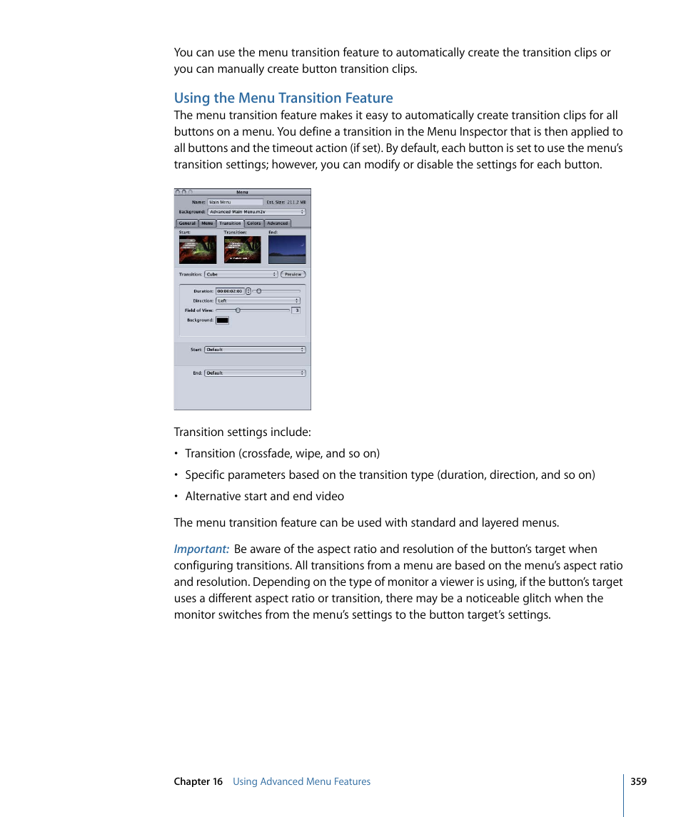 Using the menu transition feature | Apple DVD Studio Pro 4 User Manual | Page 359 / 656