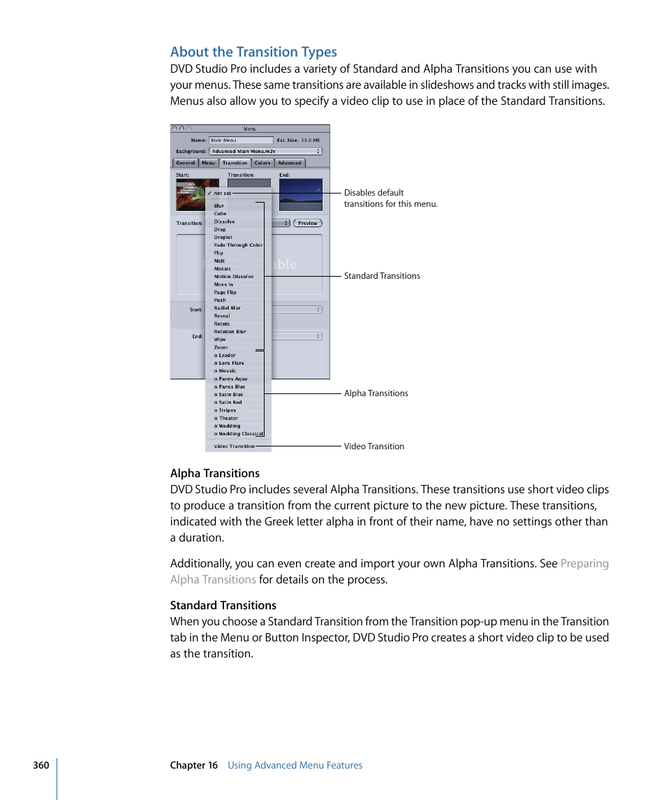 About the transition types | Apple DVD Studio Pro 4 User Manual | Page 360 / 656