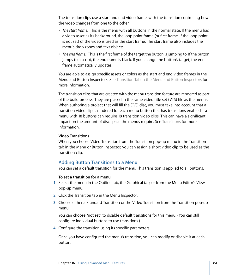 Adding button transitions to a menu | Apple DVD Studio Pro 4 User Manual | Page 361 / 656