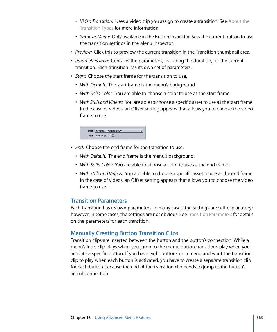 Transition parameters, Manually creating button transition clips | Apple DVD Studio Pro 4 User Manual | Page 363 / 656