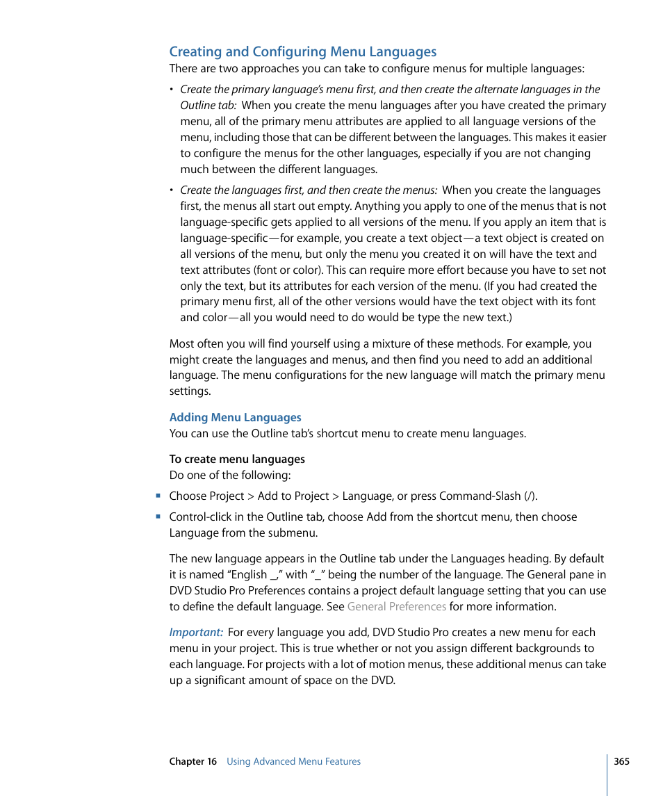 Creating and configuring menu languages, Adding menu languages | Apple DVD Studio Pro 4 User Manual | Page 365 / 656
