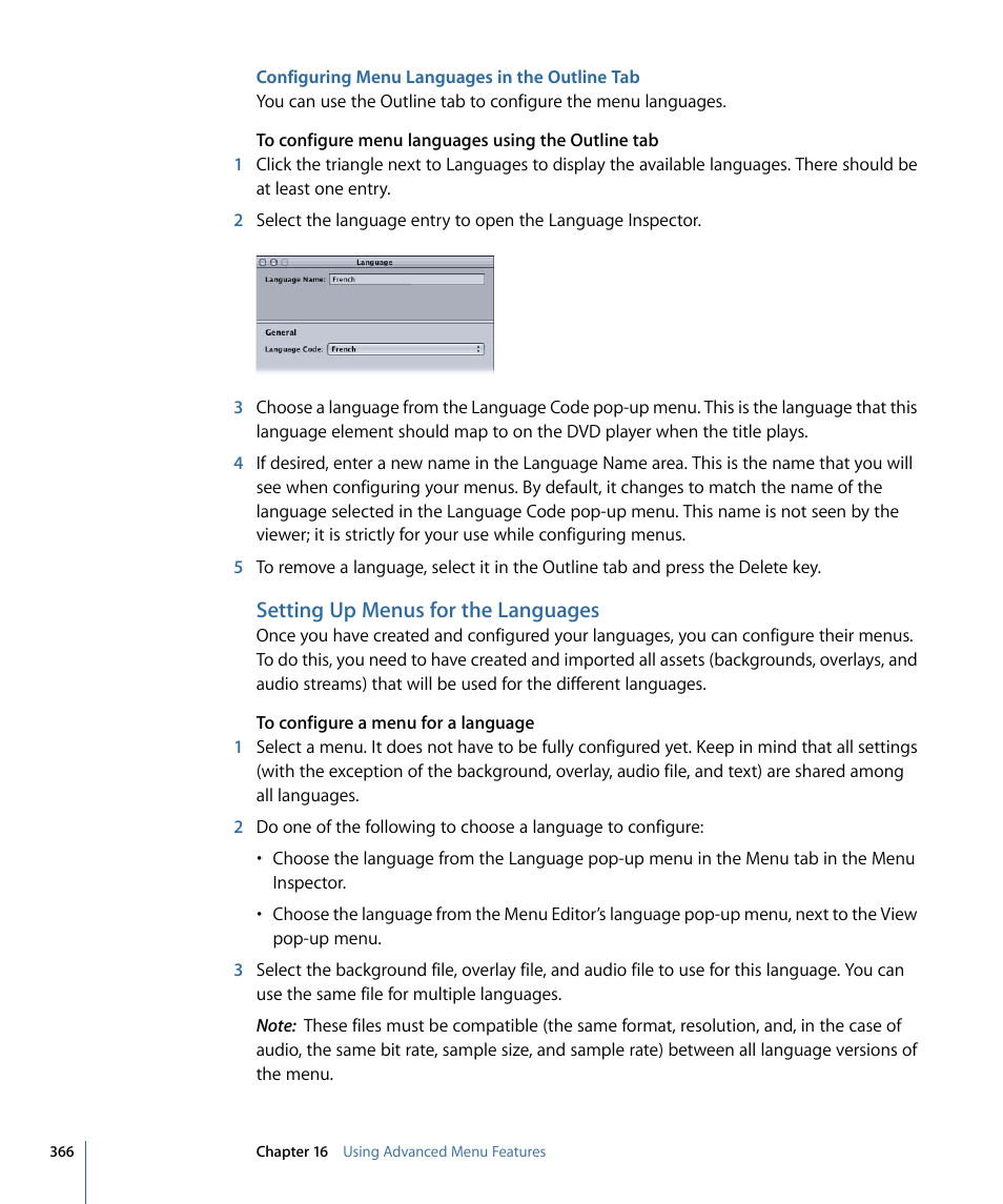 Configuring menu languages in the outline tab, Setting up menus for the languages | Apple DVD Studio Pro 4 User Manual | Page 366 / 656