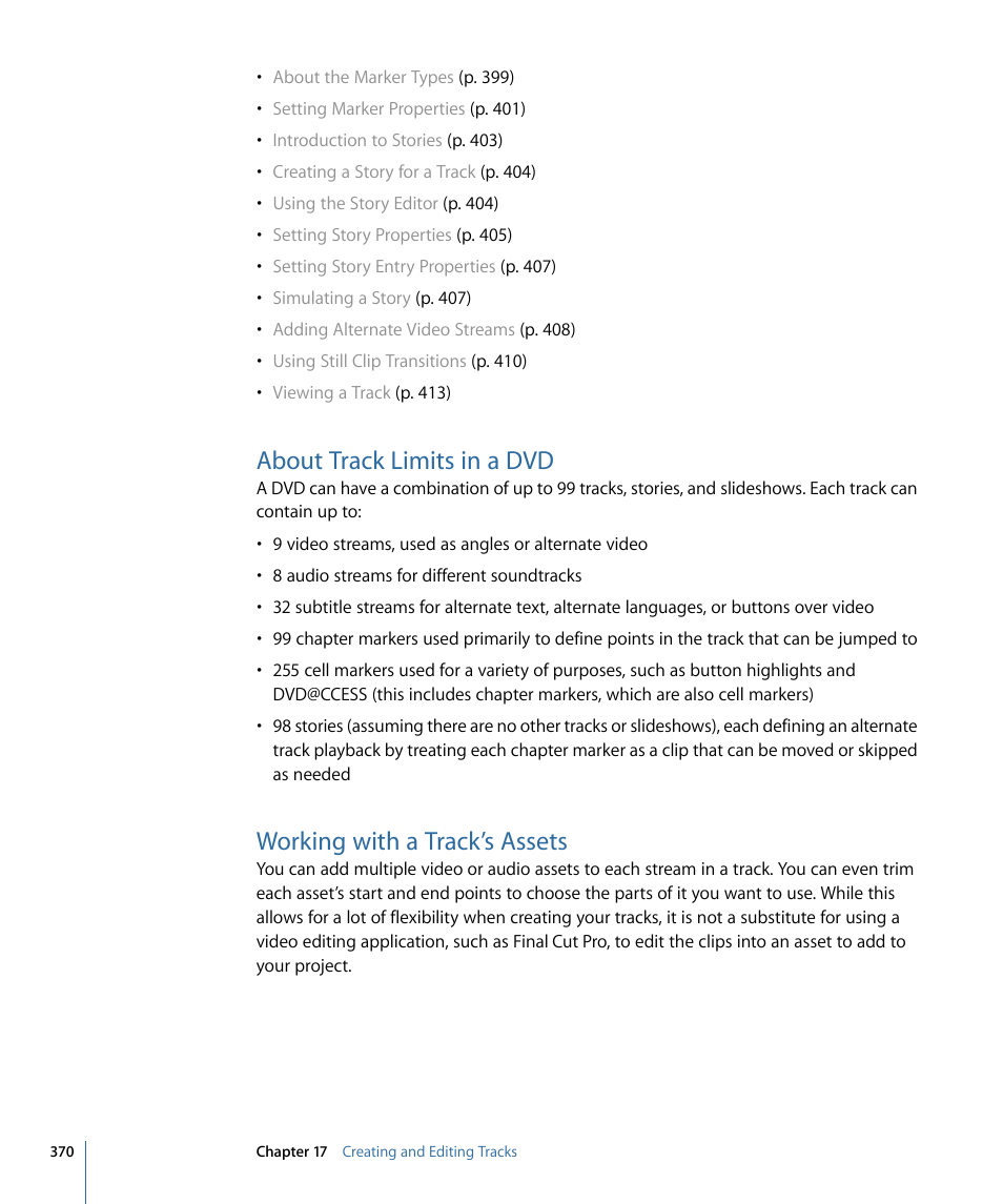 About track limits in a dvd, Working with a track’s assets | Apple DVD Studio Pro 4 User Manual | Page 370 / 656