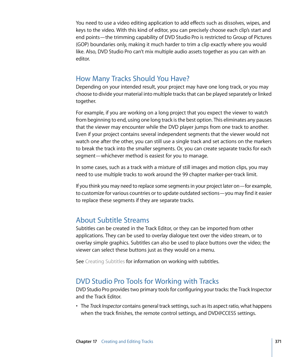 How many tracks should you have, About subtitle streams, Dvd studio pro tools for working with tracks | Apple DVD Studio Pro 4 User Manual | Page 371 / 656
