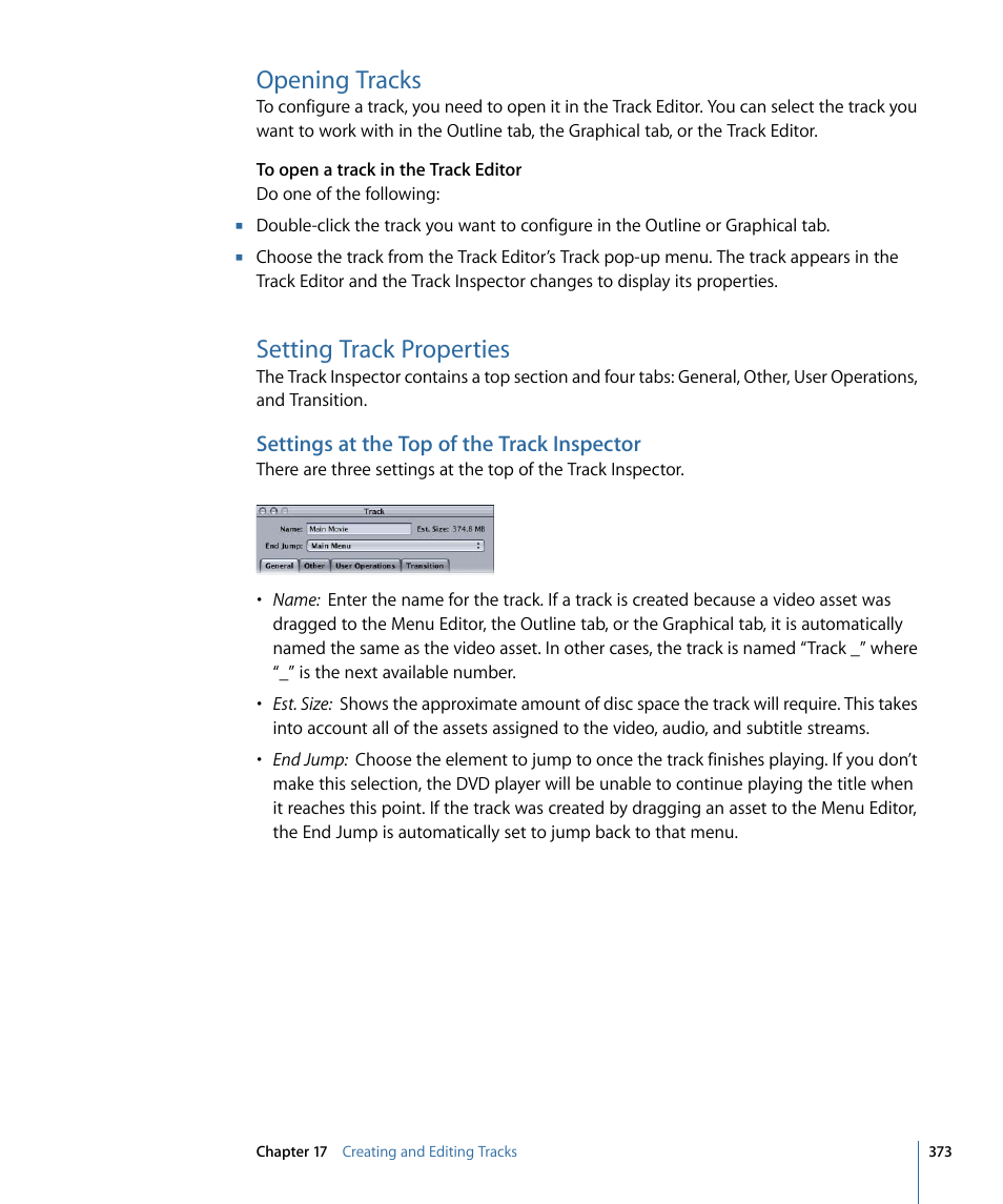 Opening tracks, Setting track properties, Settings at the top of the track inspector | Apple DVD Studio Pro 4 User Manual | Page 373 / 656