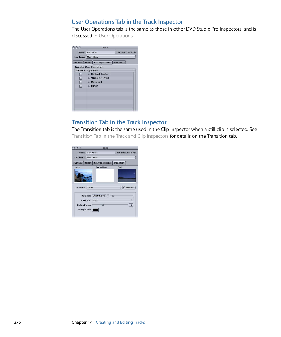 User operations tab in the track inspector, Transition tab in the track inspector | Apple DVD Studio Pro 4 User Manual | Page 376 / 656