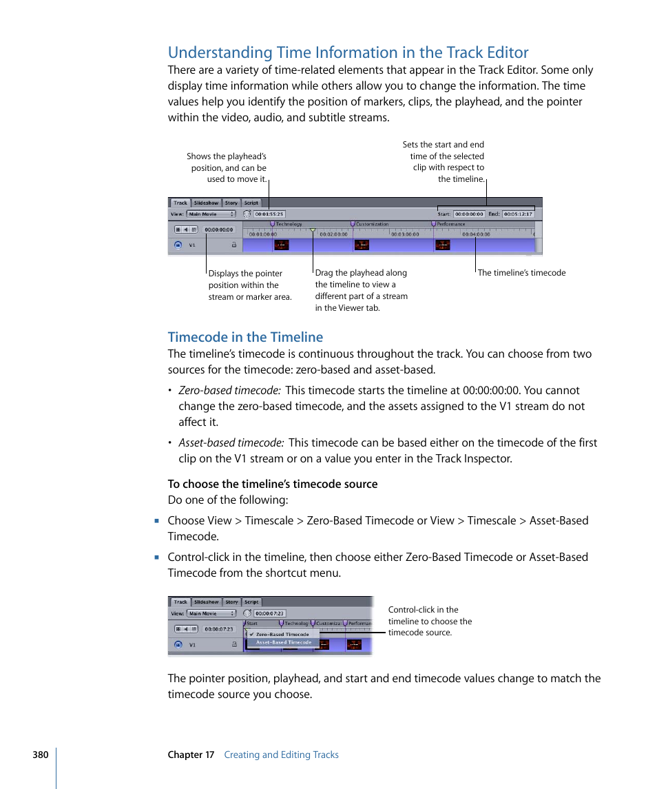 Understanding time information in the track editor, Timecode in the timeline, Timecode in the | Timeline | Apple DVD Studio Pro 4 User Manual | Page 380 / 656