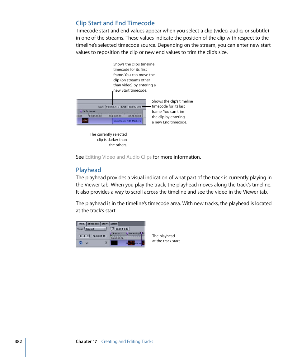 Clip start and end timecode, Playhead | Apple DVD Studio Pro 4 User Manual | Page 382 / 656