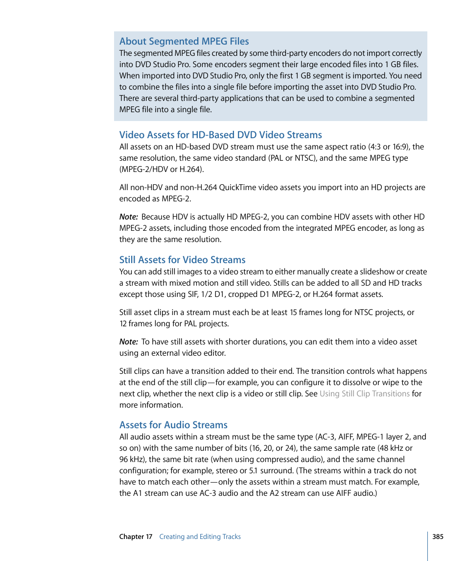 Video assets for hd-based dvd video streams, Still assets for video streams, Assets for audio streams | About segmented mpeg files | Apple DVD Studio Pro 4 User Manual | Page 385 / 656