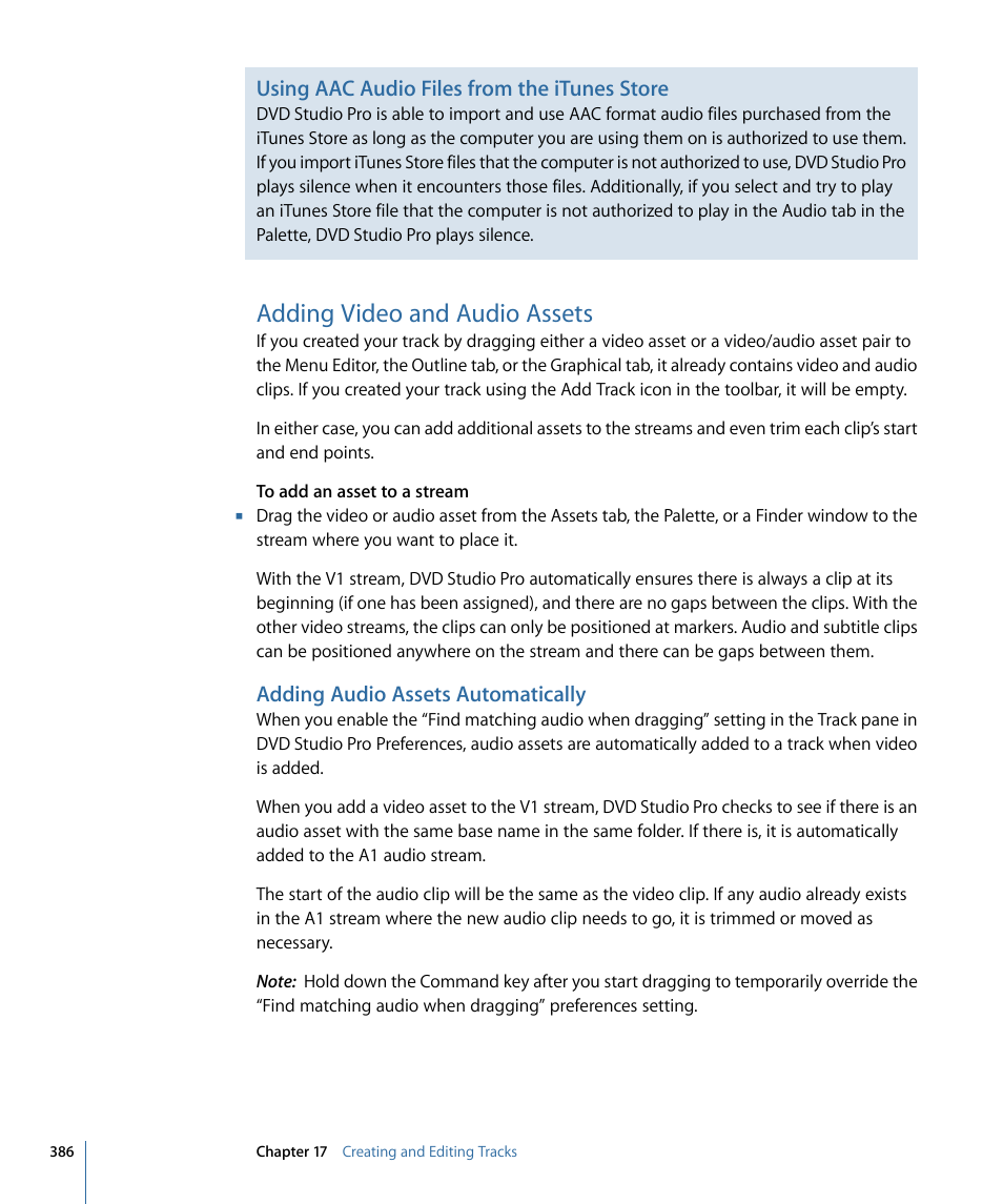 Adding video and audio assets, Adding audio assets automatically | Apple DVD Studio Pro 4 User Manual | Page 386 / 656