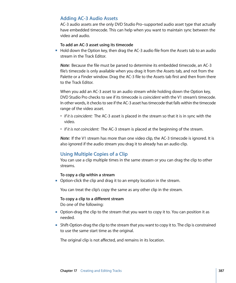 Adding ac-3 audio assets, Using multiple copies of a clip | Apple DVD Studio Pro 4 User Manual | Page 387 / 656