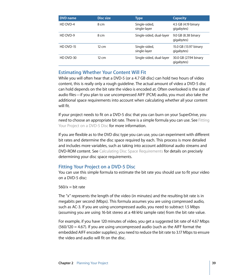 Estimating whether your content will fit, Fitting your project on a dvd-5 disc | Apple DVD Studio Pro 4 User Manual | Page 39 / 656