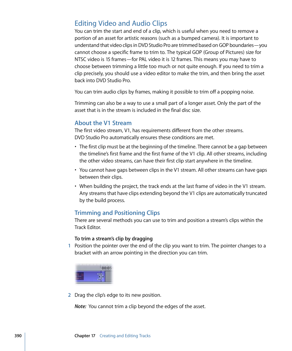 Editing video and audio clips, About the v1 stream, Trimming and positioning clips | Apple DVD Studio Pro 4 User Manual | Page 390 / 656