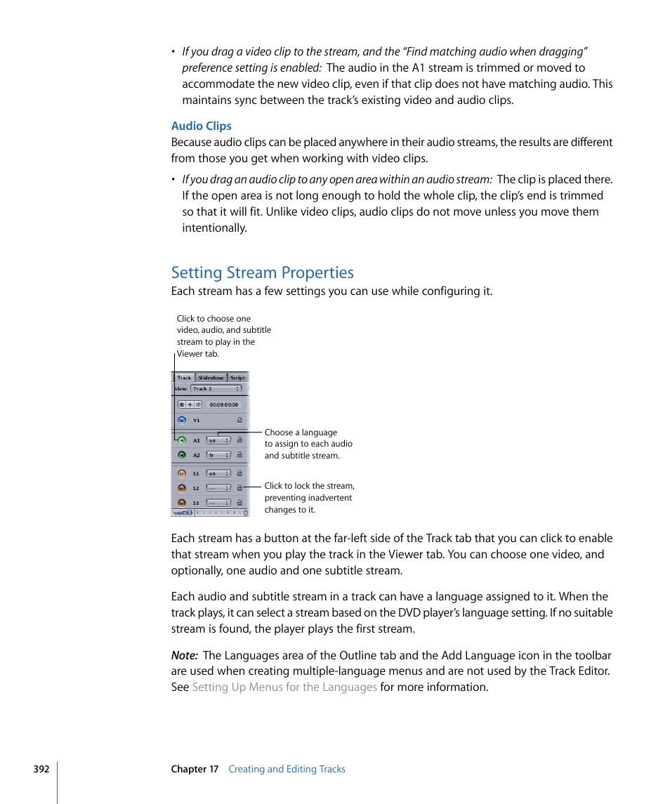 Audio clips, Setting stream properties | Apple DVD Studio Pro 4 User Manual | Page 392 / 656