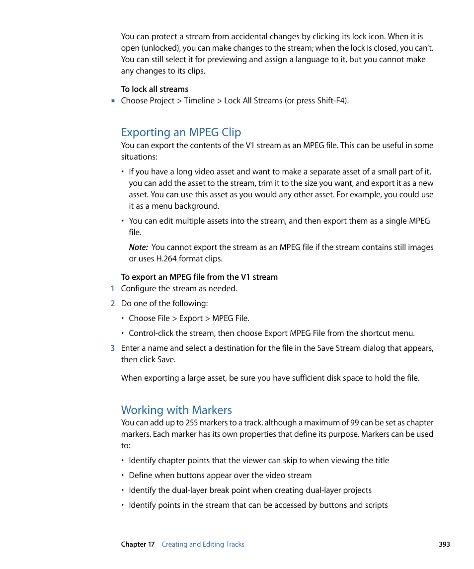 Exporting an mpeg clip, Working with markers | Apple DVD Studio Pro 4 User Manual | Page 393 / 656