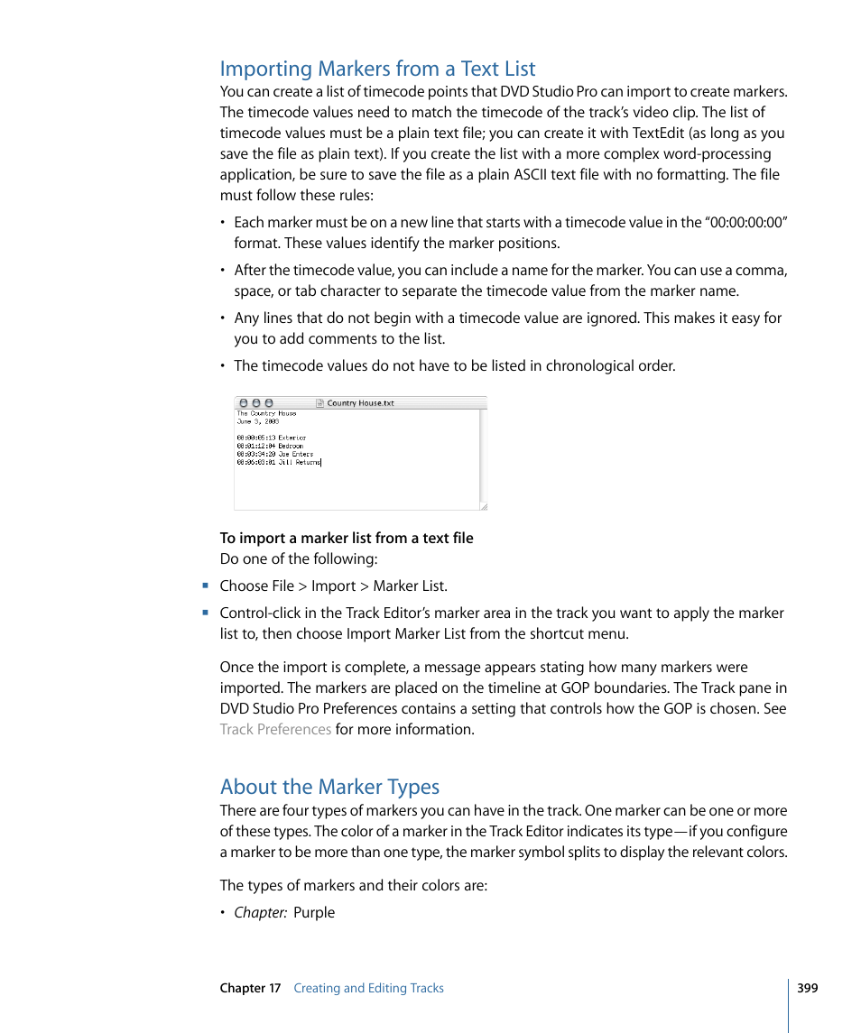 Importing markers from a text list, About the marker types, About the marker | Types | Apple DVD Studio Pro 4 User Manual | Page 399 / 656