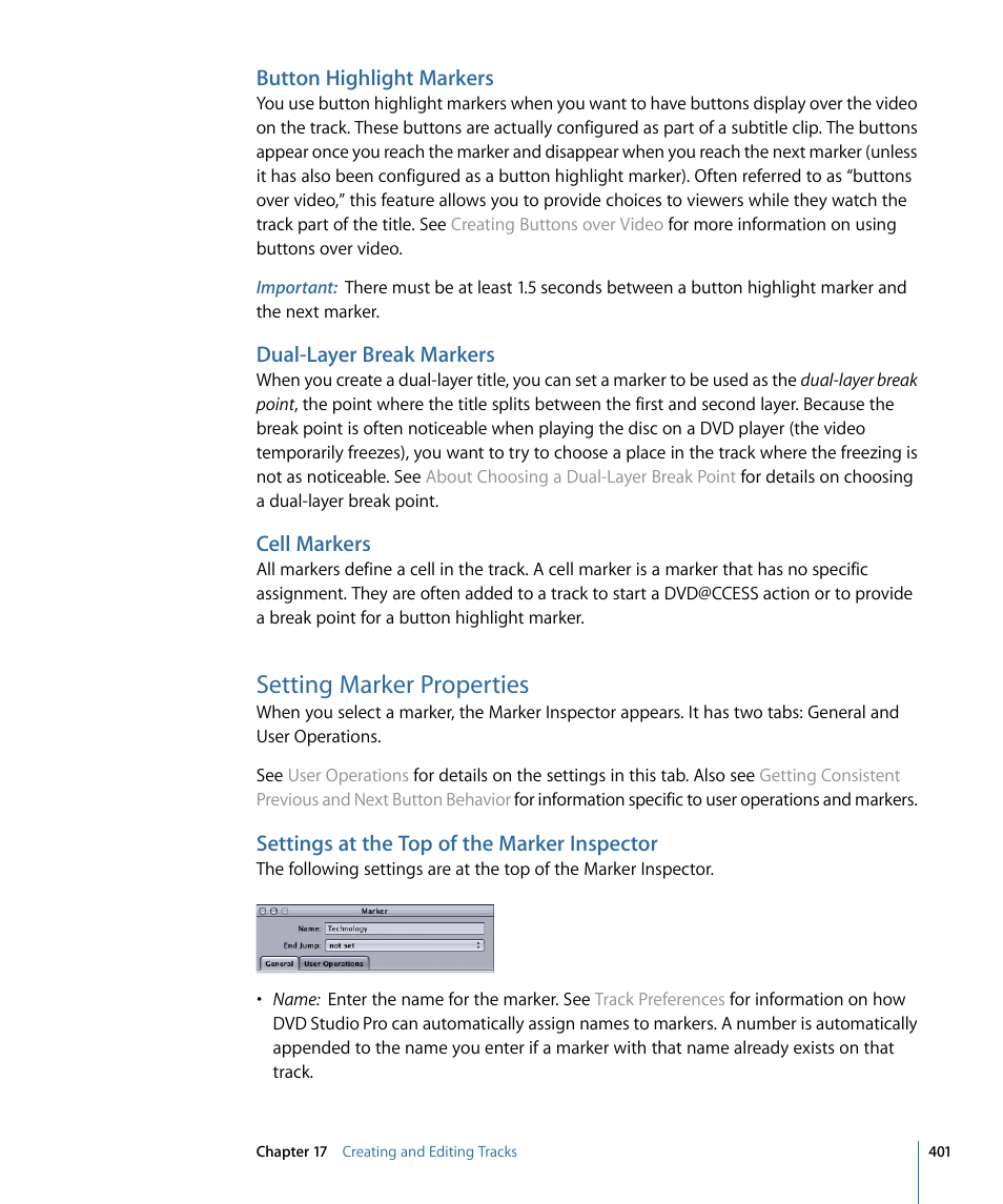 Button highlight markers, Dual-layer break markers, Cell markers | Setting marker properties, Settings at the top of the marker inspector | Apple DVD Studio Pro 4 User Manual | Page 401 / 656