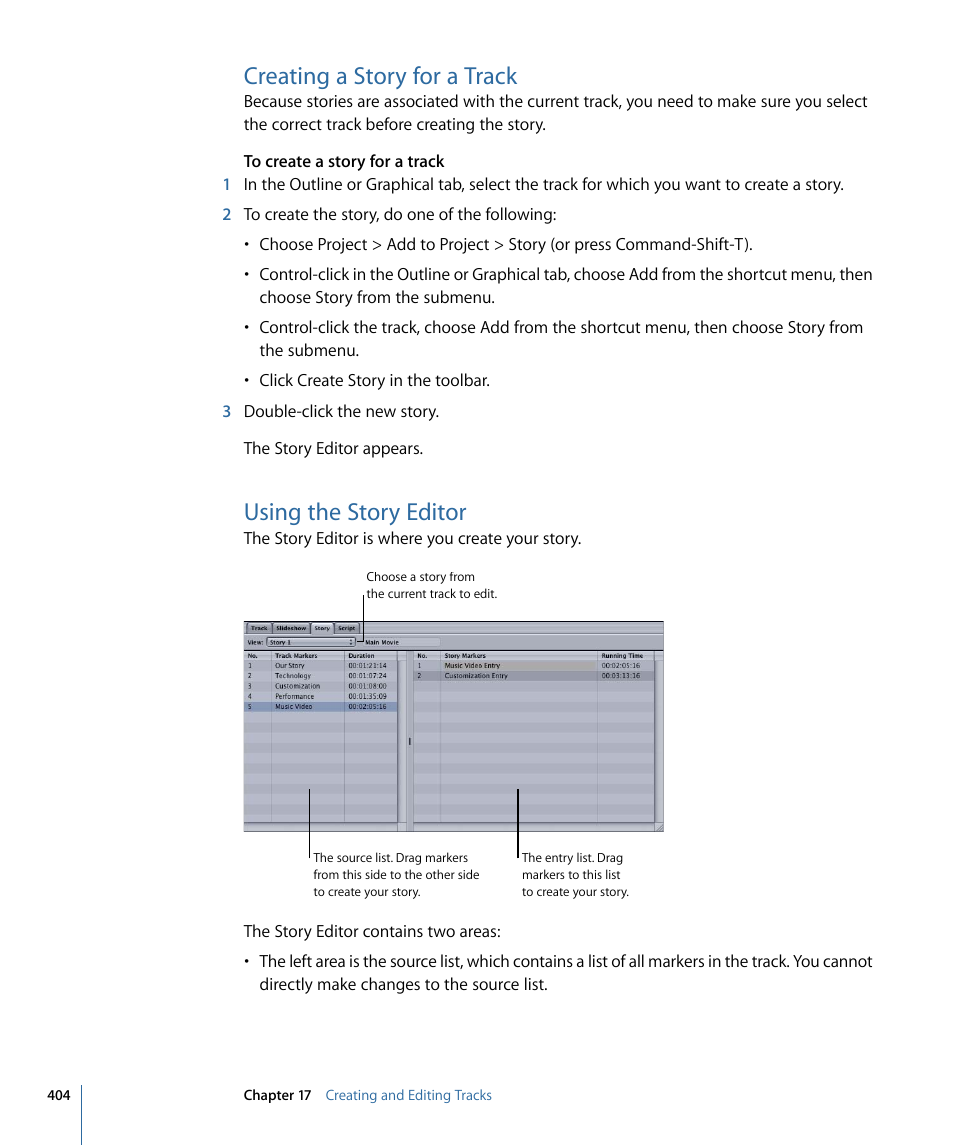 Creating a story for a track, Using the story editor | Apple DVD Studio Pro 4 User Manual | Page 404 / 656