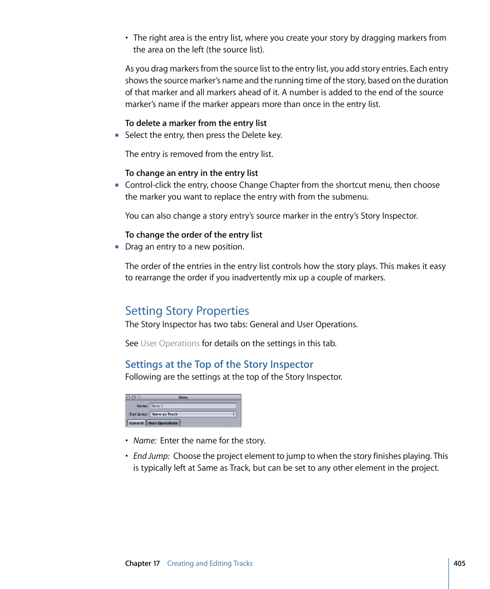 Setting story properties, Settings at the top of the story inspector | Apple DVD Studio Pro 4 User Manual | Page 405 / 656
