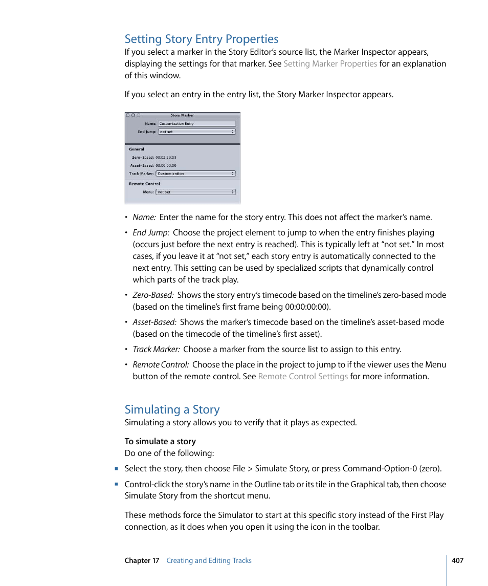 Setting story entry properties, Simulating a story | Apple DVD Studio Pro 4 User Manual | Page 407 / 656