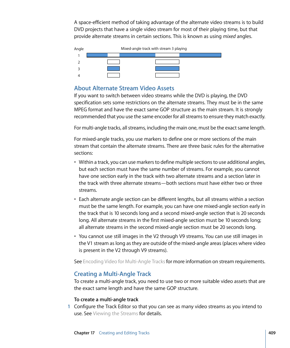 About alternate stream video assets, Creating a multi-angle track | Apple DVD Studio Pro 4 User Manual | Page 409 / 656