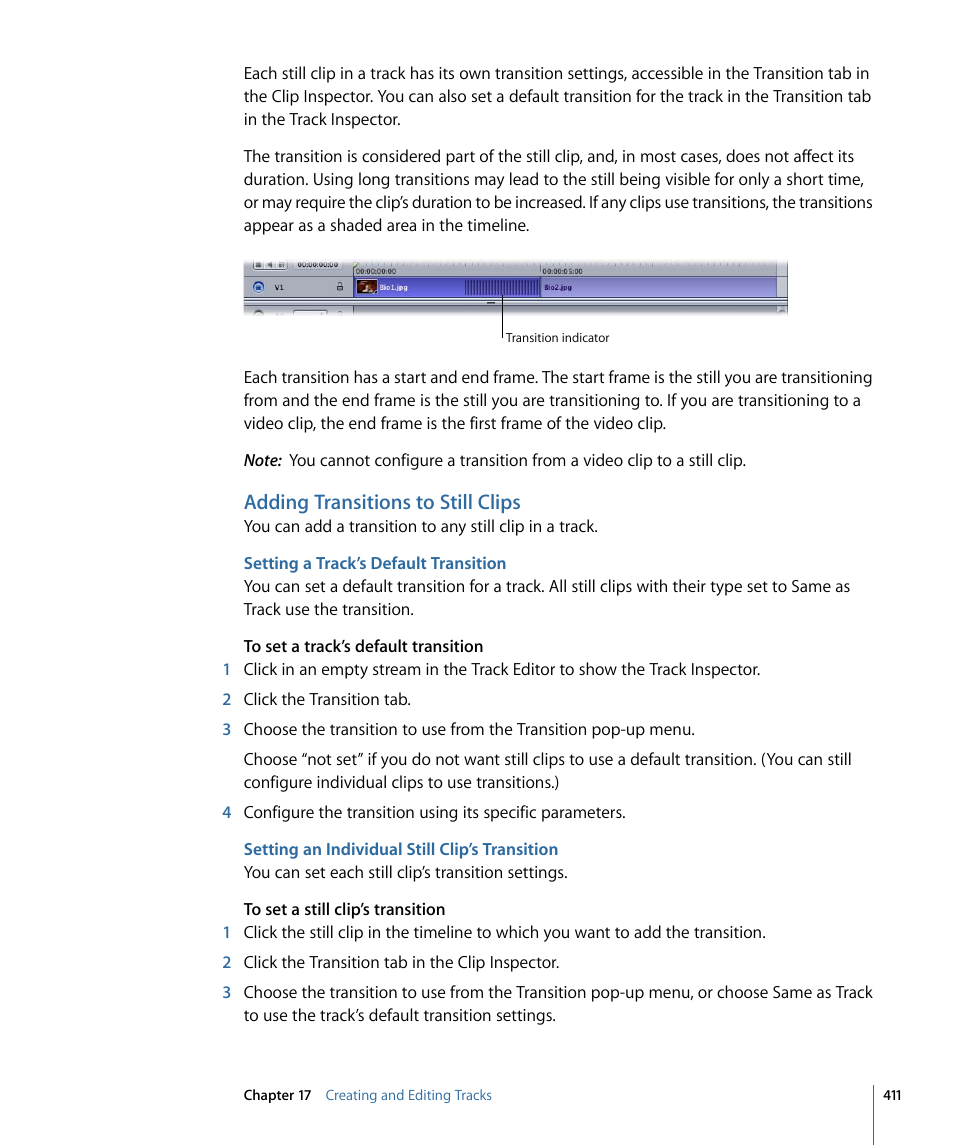 Adding transitions to still clips, Setting a track’s default transition, Setting an individual still clip’s transition | Apple DVD Studio Pro 4 User Manual | Page 411 / 656