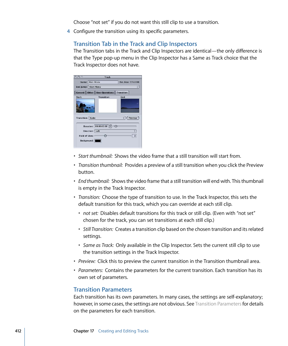 Transition tab in the track and clip inspectors, Transition parameters | Apple DVD Studio Pro 4 User Manual | Page 412 / 656