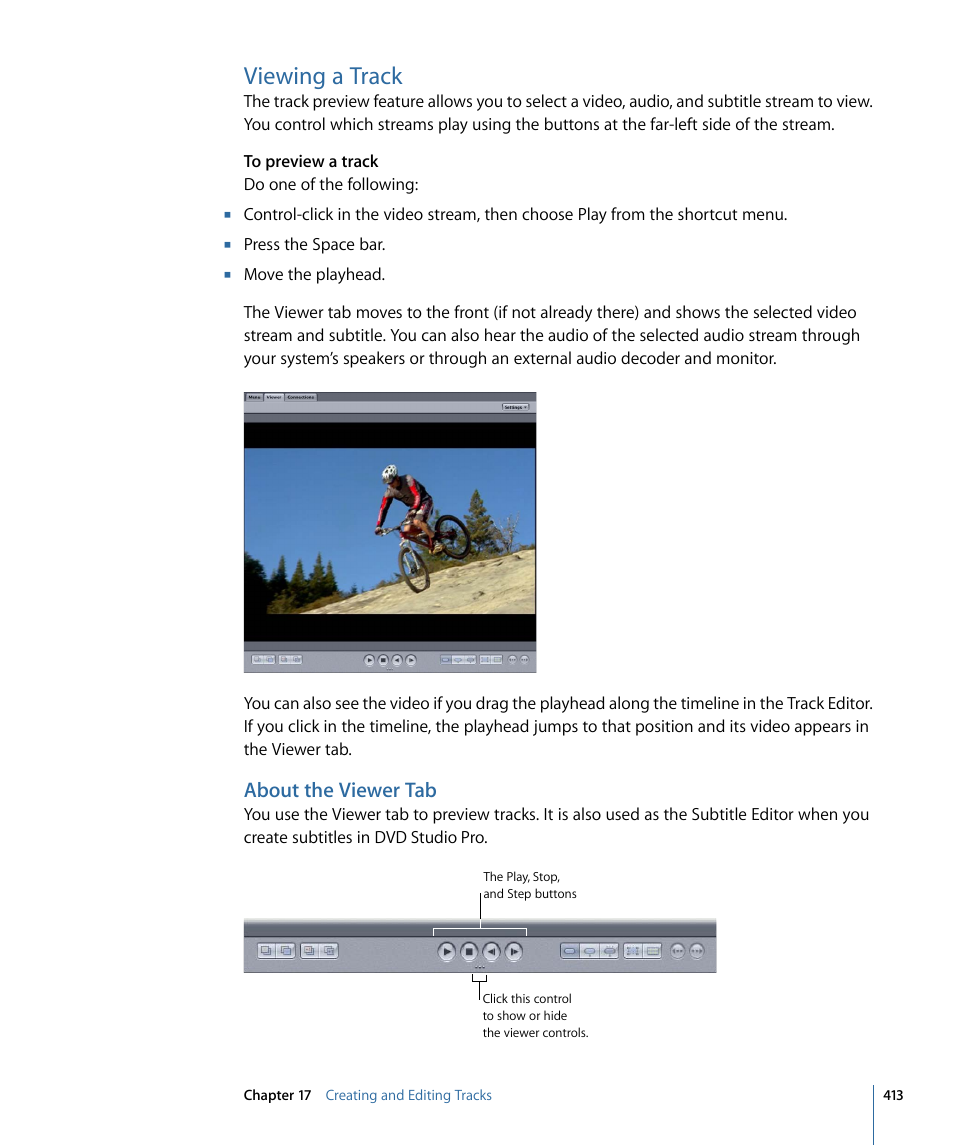 Viewing a track, About the viewer tab | Apple DVD Studio Pro 4 User Manual | Page 413 / 656
