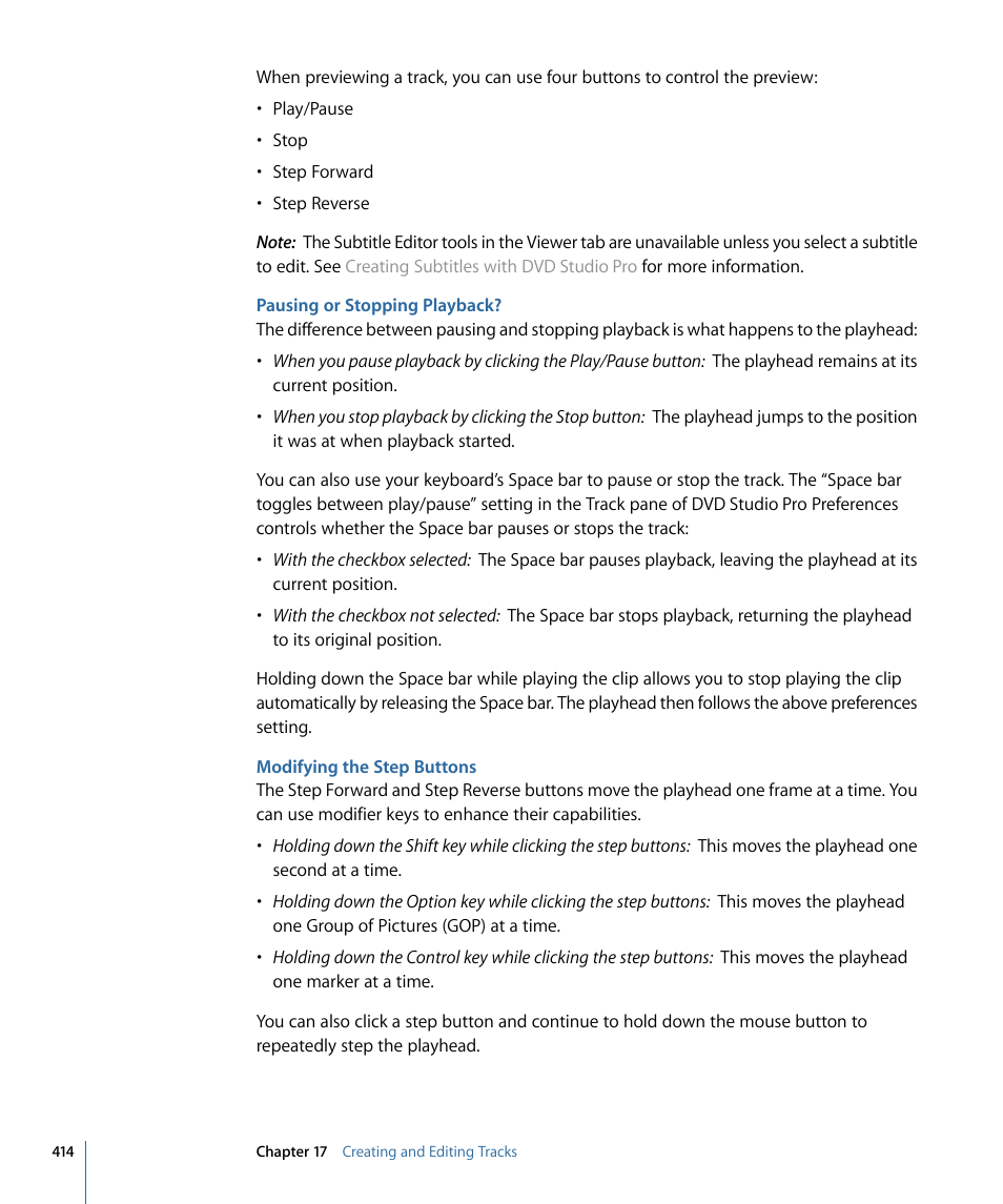 Pausing or stopping playback, Modifying the step buttons | Apple DVD Studio Pro 4 User Manual | Page 414 / 656