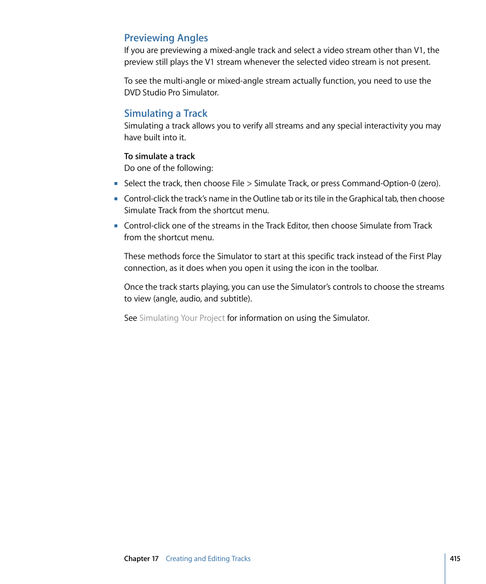 Previewing angles, Simulating a track | Apple DVD Studio Pro 4 User Manual | Page 415 / 656