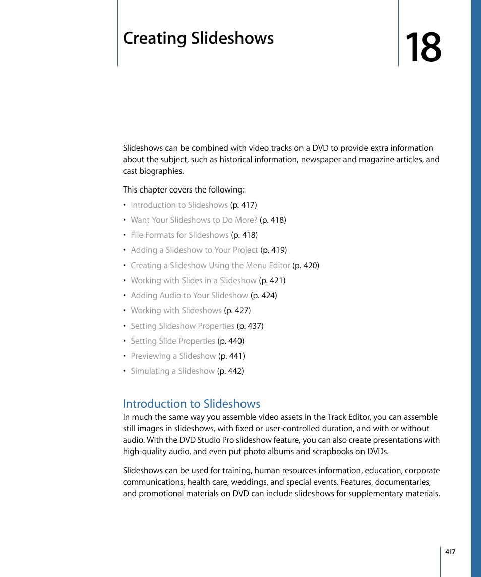 Creating slideshows, Introduction to slideshows | Apple DVD Studio Pro 4 User Manual | Page 417 / 656