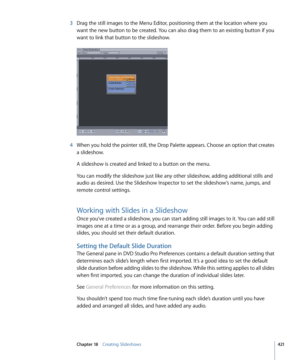 Working with slides in a slideshow, Setting the default slide duration | Apple DVD Studio Pro 4 User Manual | Page 421 / 656