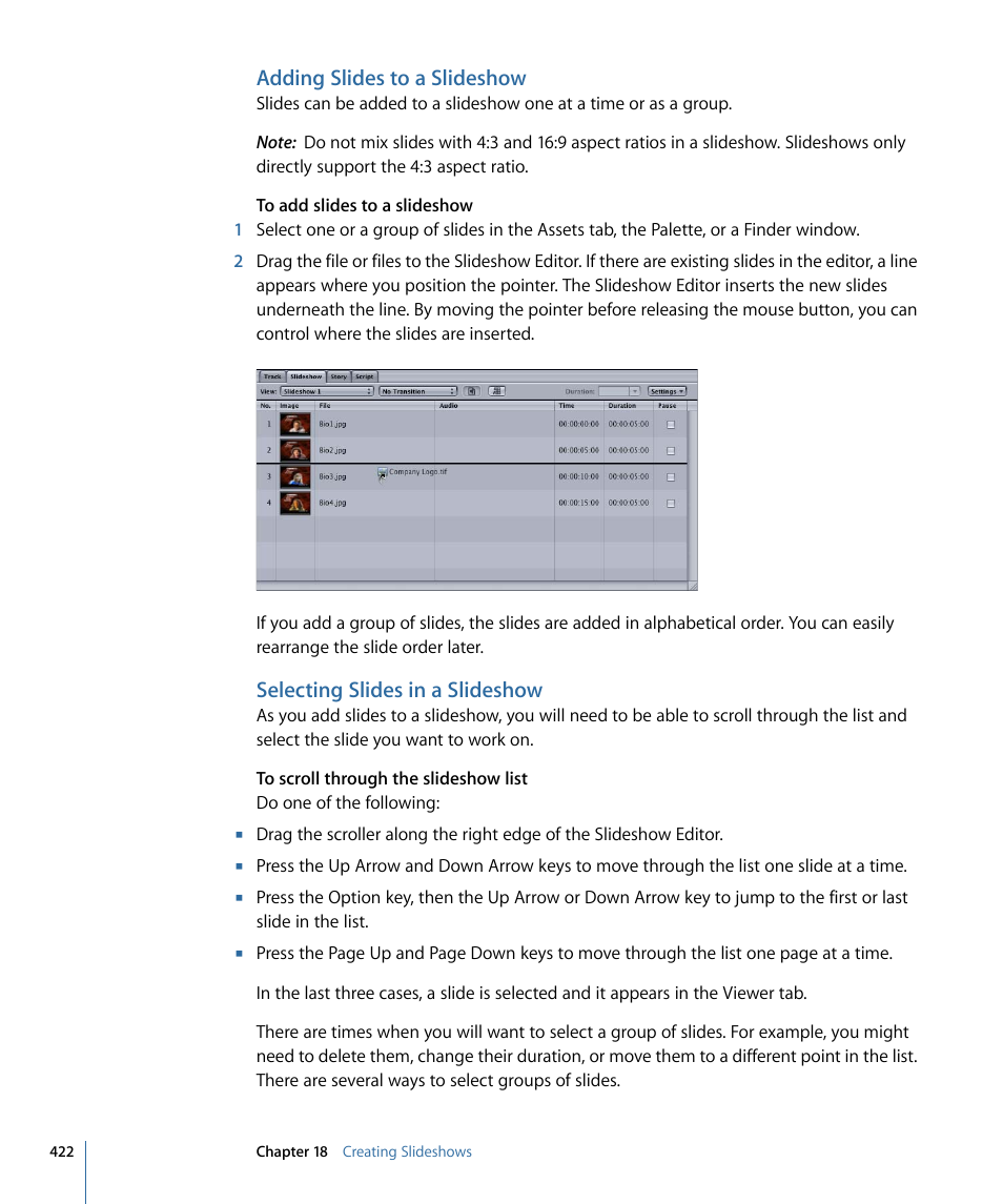Adding slides to a slideshow, Selecting slides in a slideshow | Apple DVD Studio Pro 4 User Manual | Page 422 / 656