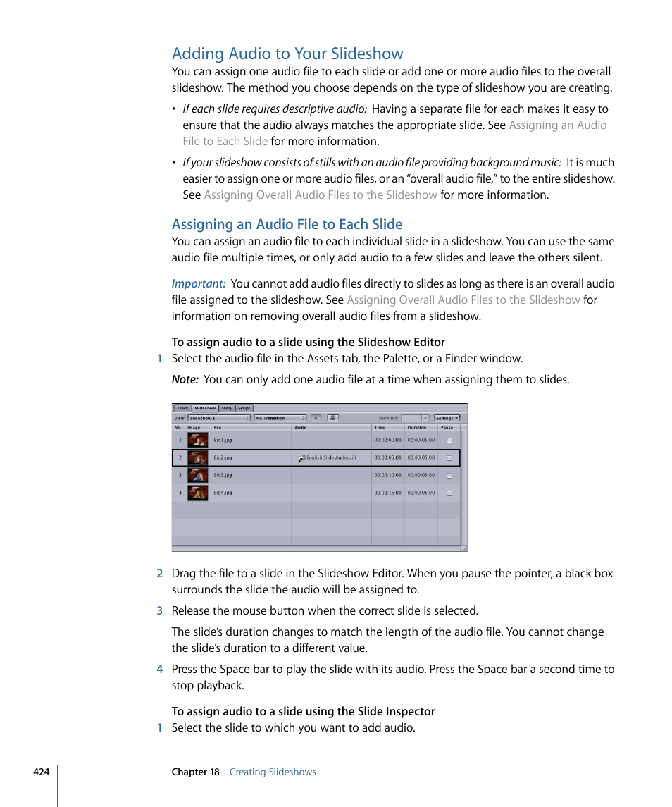 Adding audio to your slideshow, Assigning an audio file to each slide | Apple DVD Studio Pro 4 User Manual | Page 424 / 656