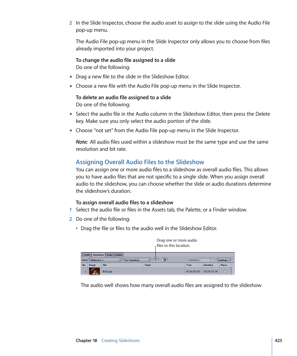 Assigning overall audio files to the slideshow | Apple DVD Studio Pro 4 User Manual | Page 425 / 656