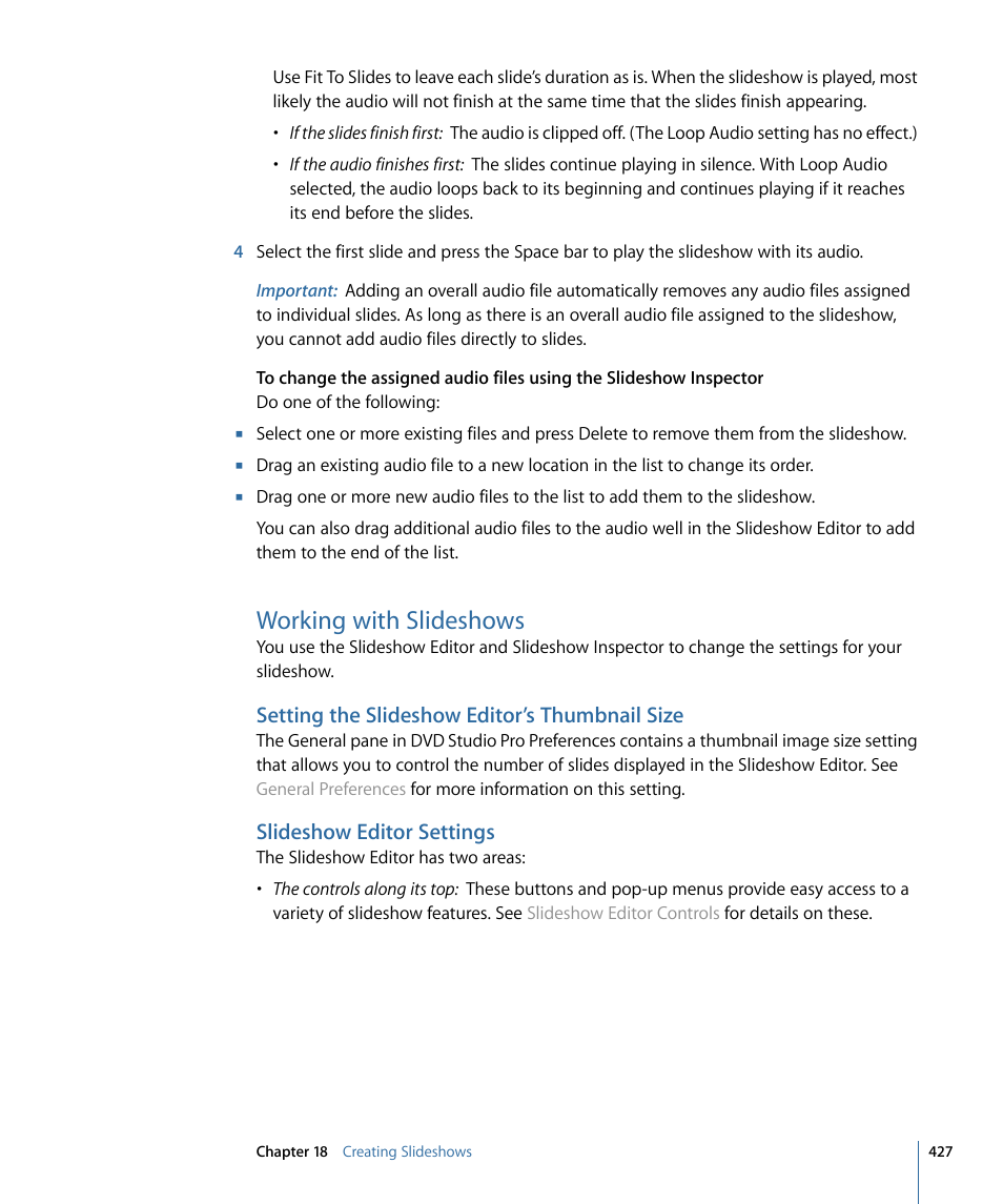 Working with slideshows, Setting the slideshow editor’s thumbnail size, Slideshow editor settings | Apple DVD Studio Pro 4 User Manual | Page 427 / 656