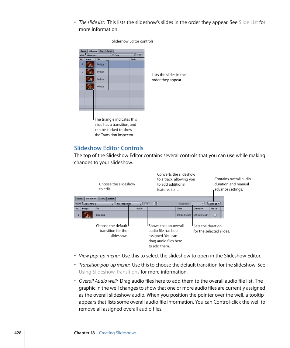 Slideshow editor controls | Apple DVD Studio Pro 4 User Manual | Page 428 / 656