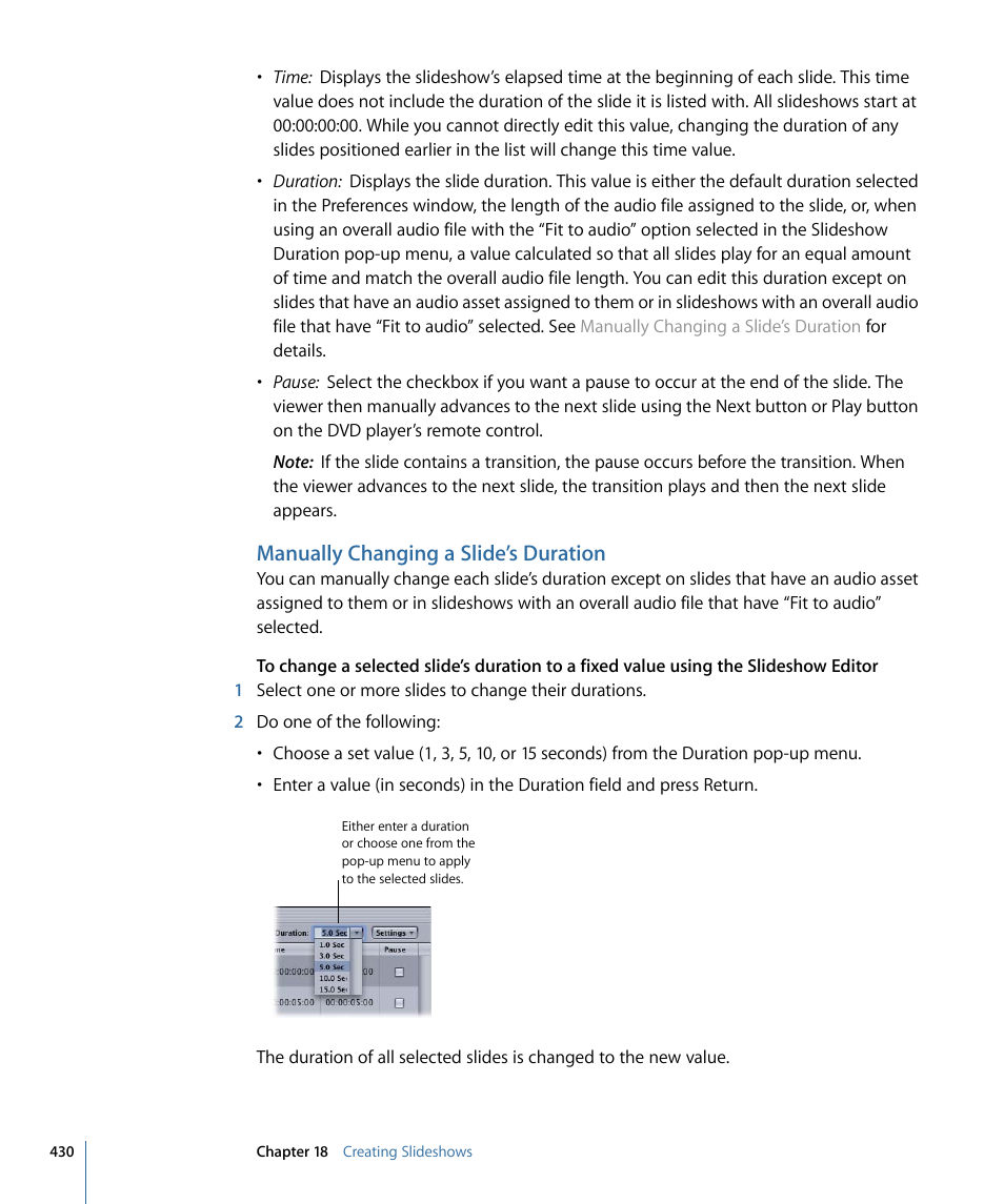 Manually changing a slide’s duration | Apple DVD Studio Pro 4 User Manual | Page 430 / 656