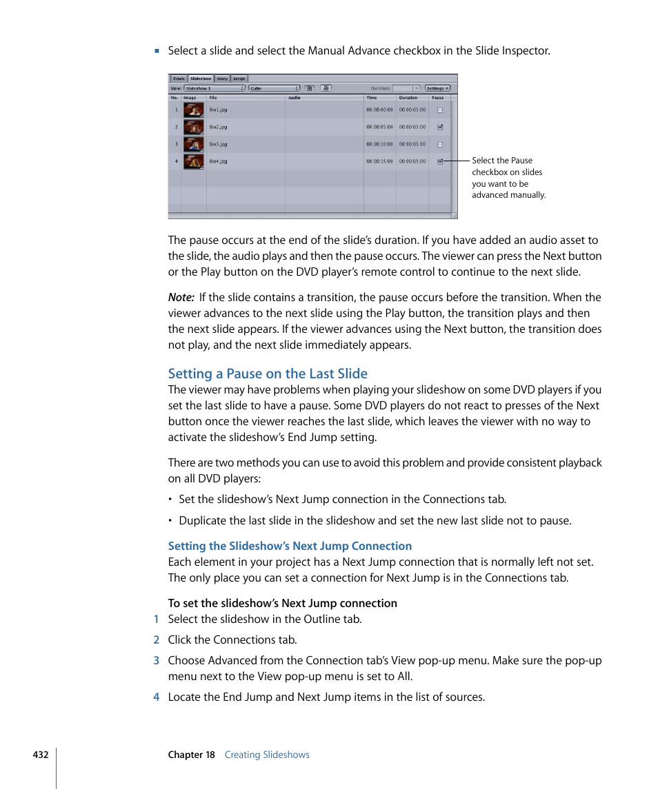 Setting a pause on the last slide, Setting the slideshow’s next jump connection | Apple DVD Studio Pro 4 User Manual | Page 432 / 656
