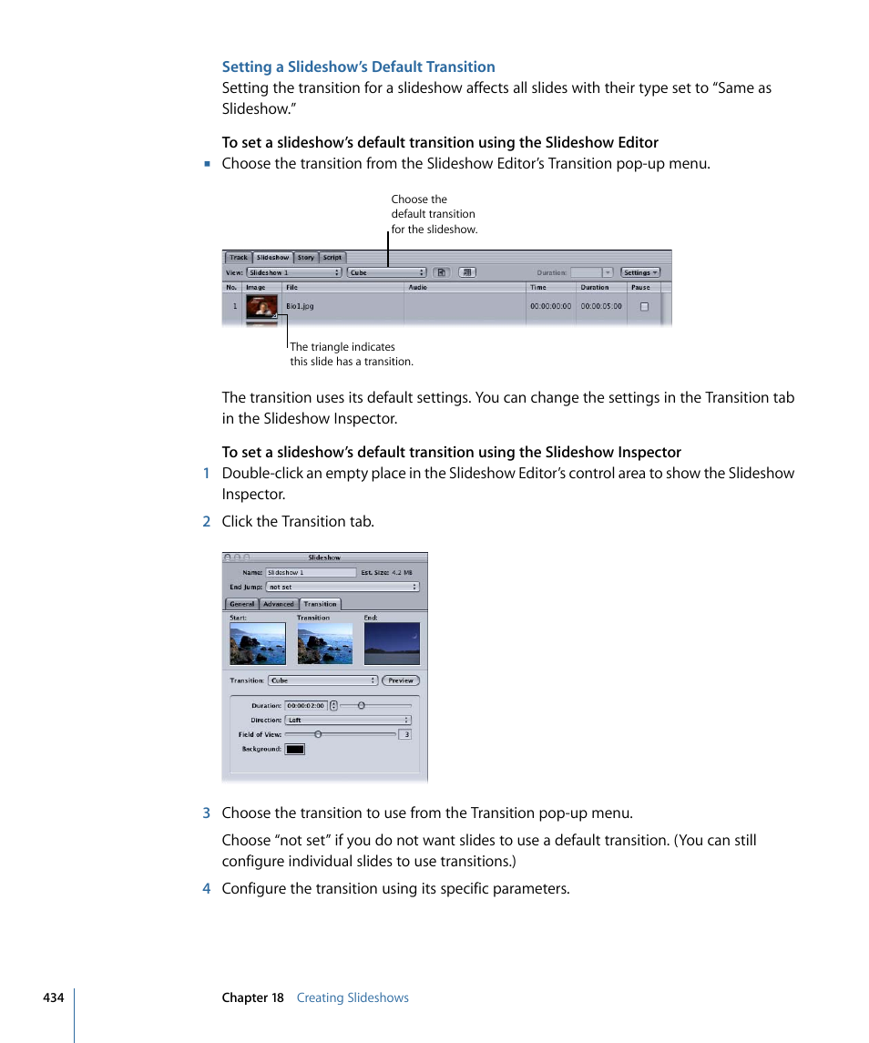 Setting a slideshow’s default transition | Apple DVD Studio Pro 4 User Manual | Page 434 / 656