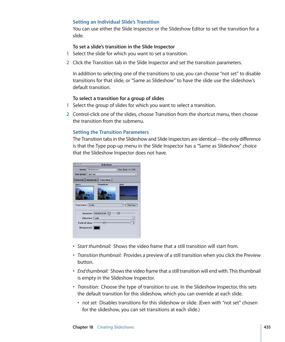 Setting an individual slide’s transition, Setting the transition parameters | Apple DVD Studio Pro 4 User Manual | Page 435 / 656