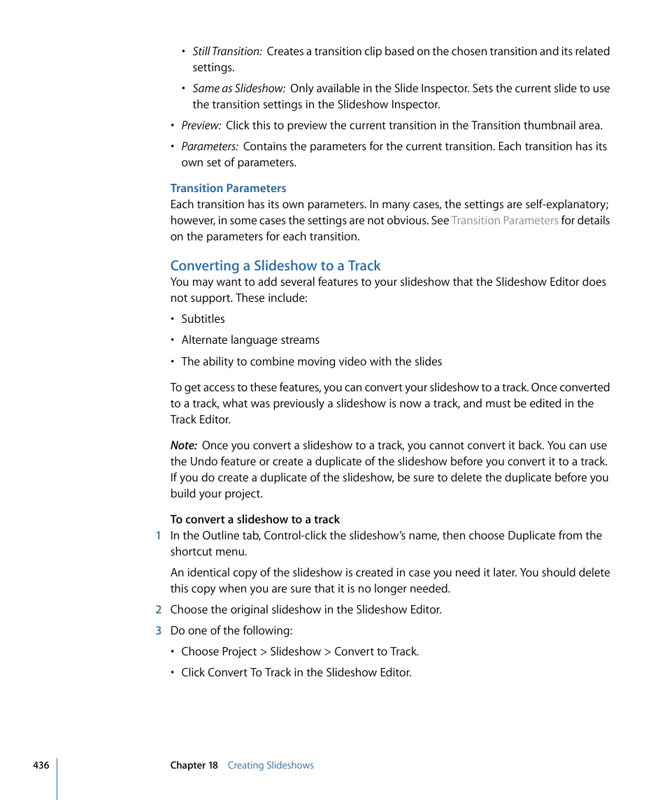 Transition parameters, Converting a slideshow to a track | Apple DVD Studio Pro 4 User Manual | Page 436 / 656