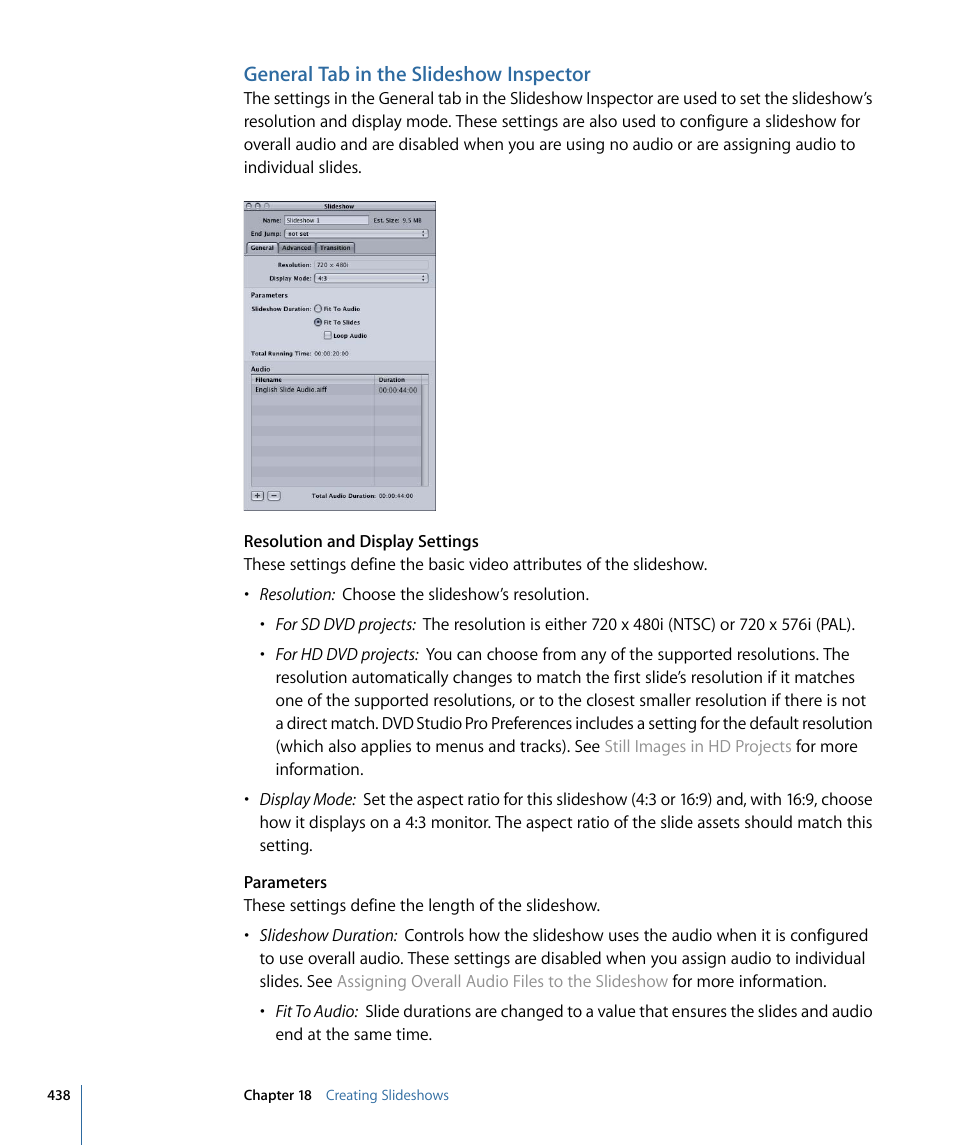 General tab in the slideshow inspector | Apple DVD Studio Pro 4 User Manual | Page 438 / 656