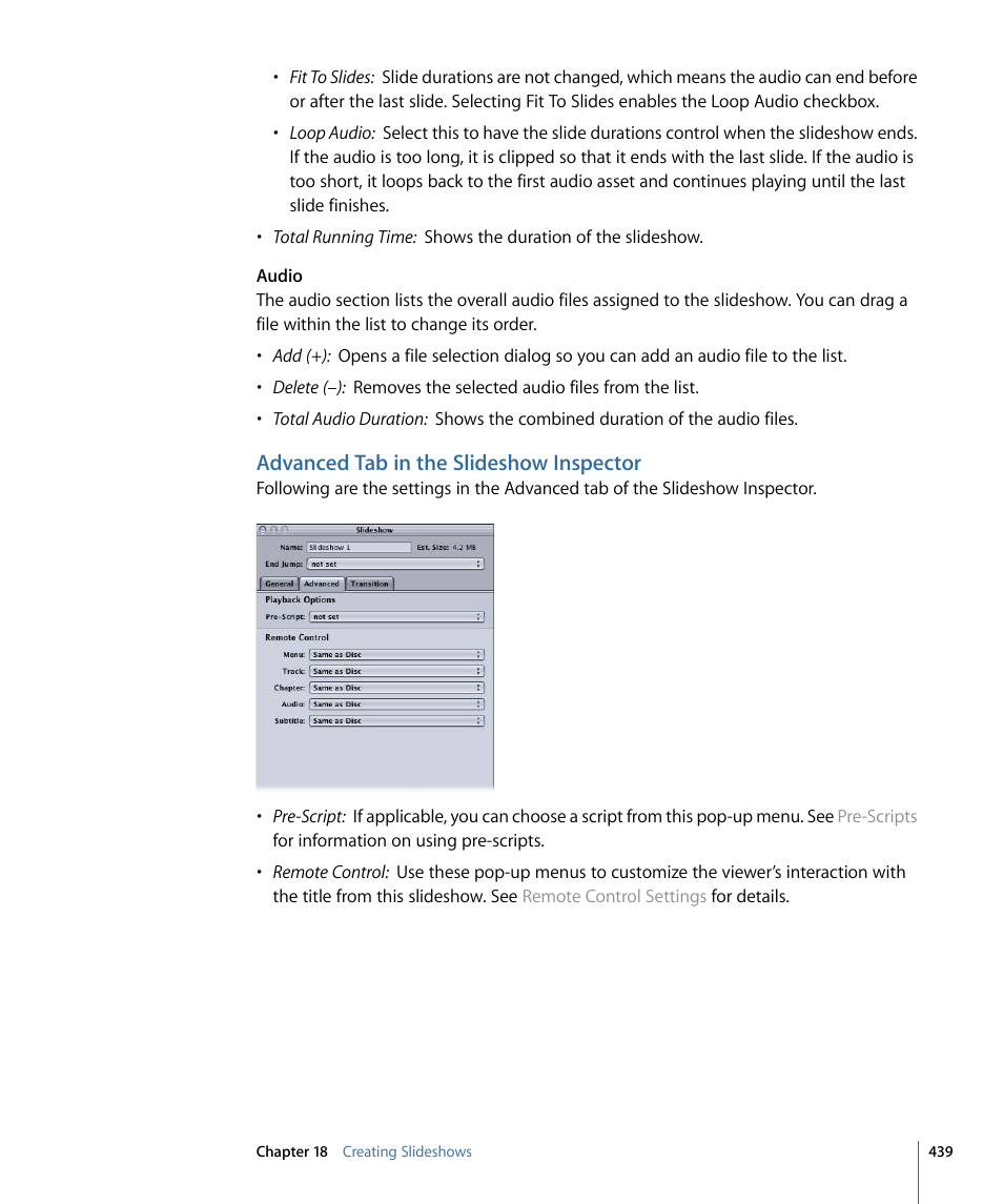 Advanced tab in the slideshow inspector | Apple DVD Studio Pro 4 User Manual | Page 439 / 656