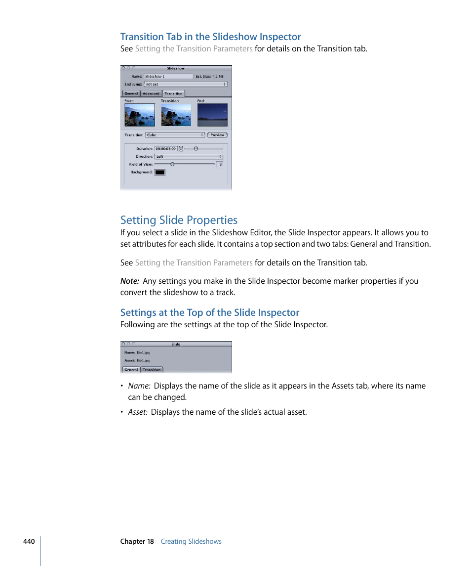 Transition tab in the slideshow inspector, Setting slide properties, Settings at the top of the slide inspector | Apple DVD Studio Pro 4 User Manual | Page 440 / 656