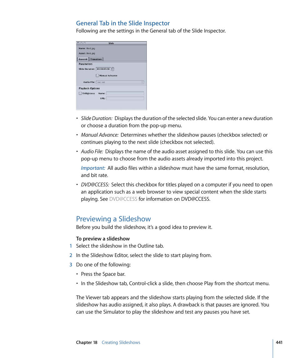 General tab in the slide inspector, Previewing a slideshow | Apple DVD Studio Pro 4 User Manual | Page 441 / 656