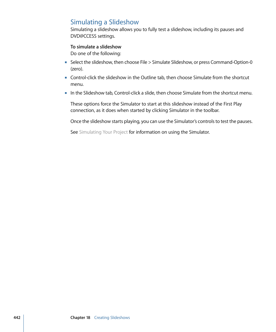Simulating a slideshow | Apple DVD Studio Pro 4 User Manual | Page 442 / 656
