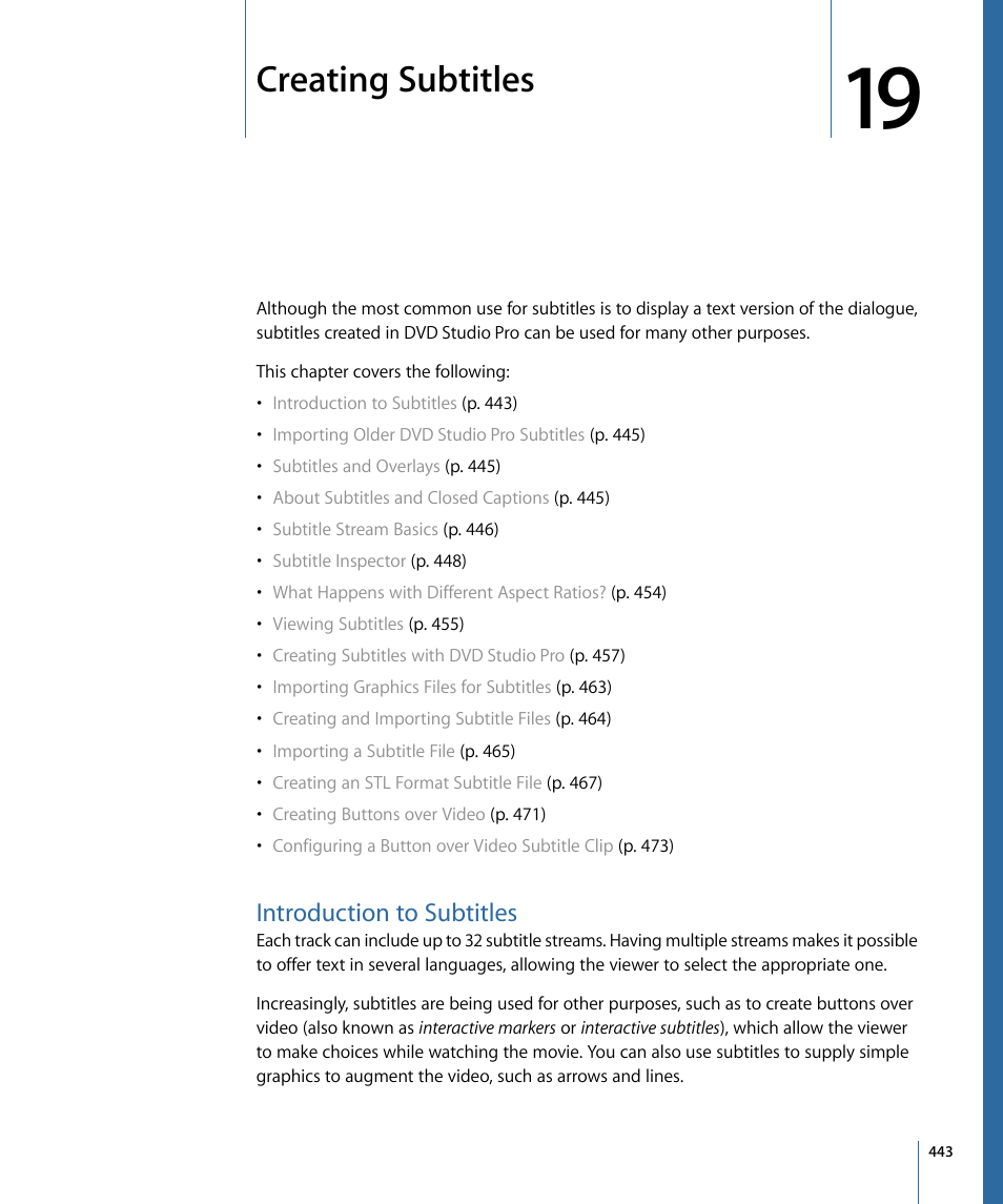 Creating subtitles, Introduction to subtitles | Apple DVD Studio Pro 4 User Manual | Page 443 / 656