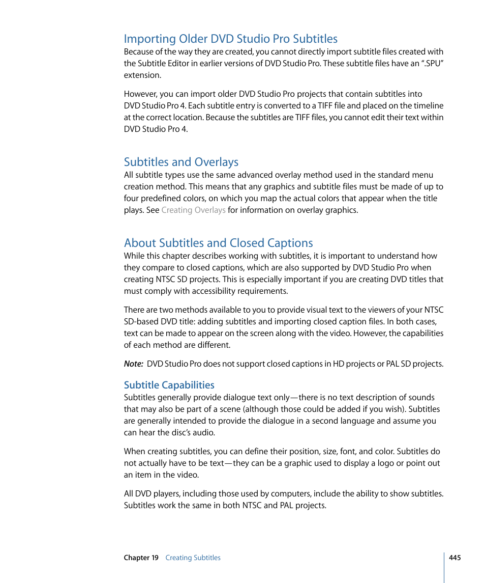 Importing older dvd studio pro subtitles, Subtitles and overlays, About subtitles and closed captions | Subtitle capabilities | Apple DVD Studio Pro 4 User Manual | Page 445 / 656