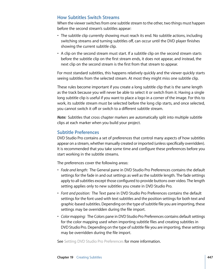 How subtitles switch streams, Subtitle preferences | Apple DVD Studio Pro 4 User Manual | Page 447 / 656
